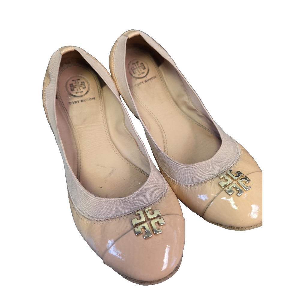 Tory Burch Caroline Nude Beige Patent Leather Ballet Flats Sz 7M